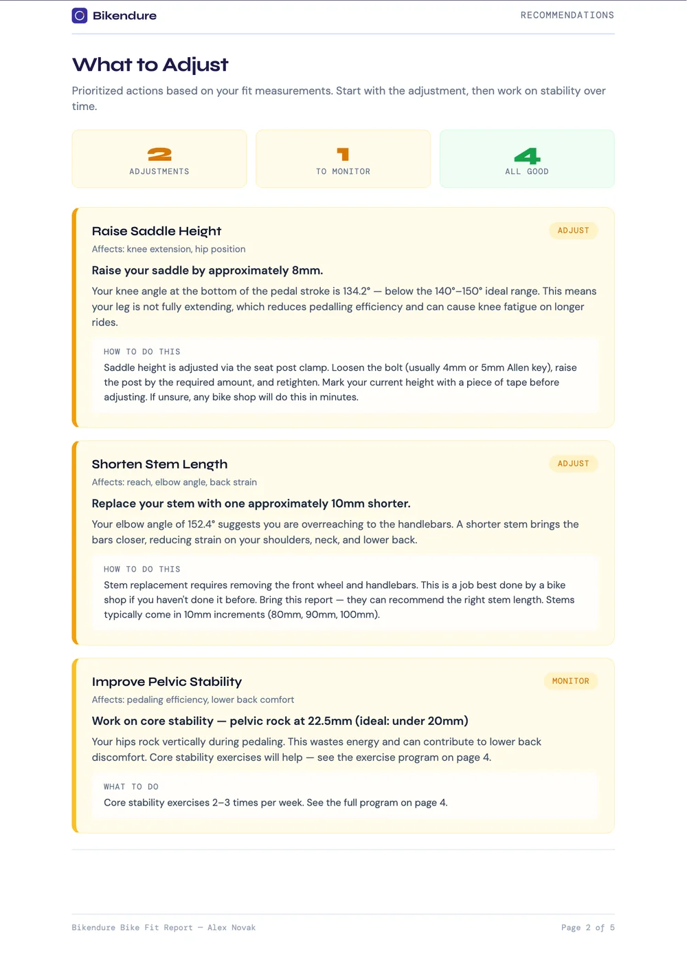 Sample report page: prioritised adjustments, such as raising the saddle by about 8 mm
